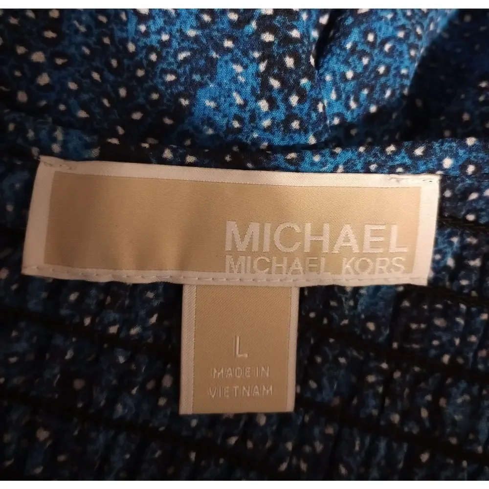 Michael‎ Kors Blue Black Abstract Dot Smocked Yoke Blouse Top Large